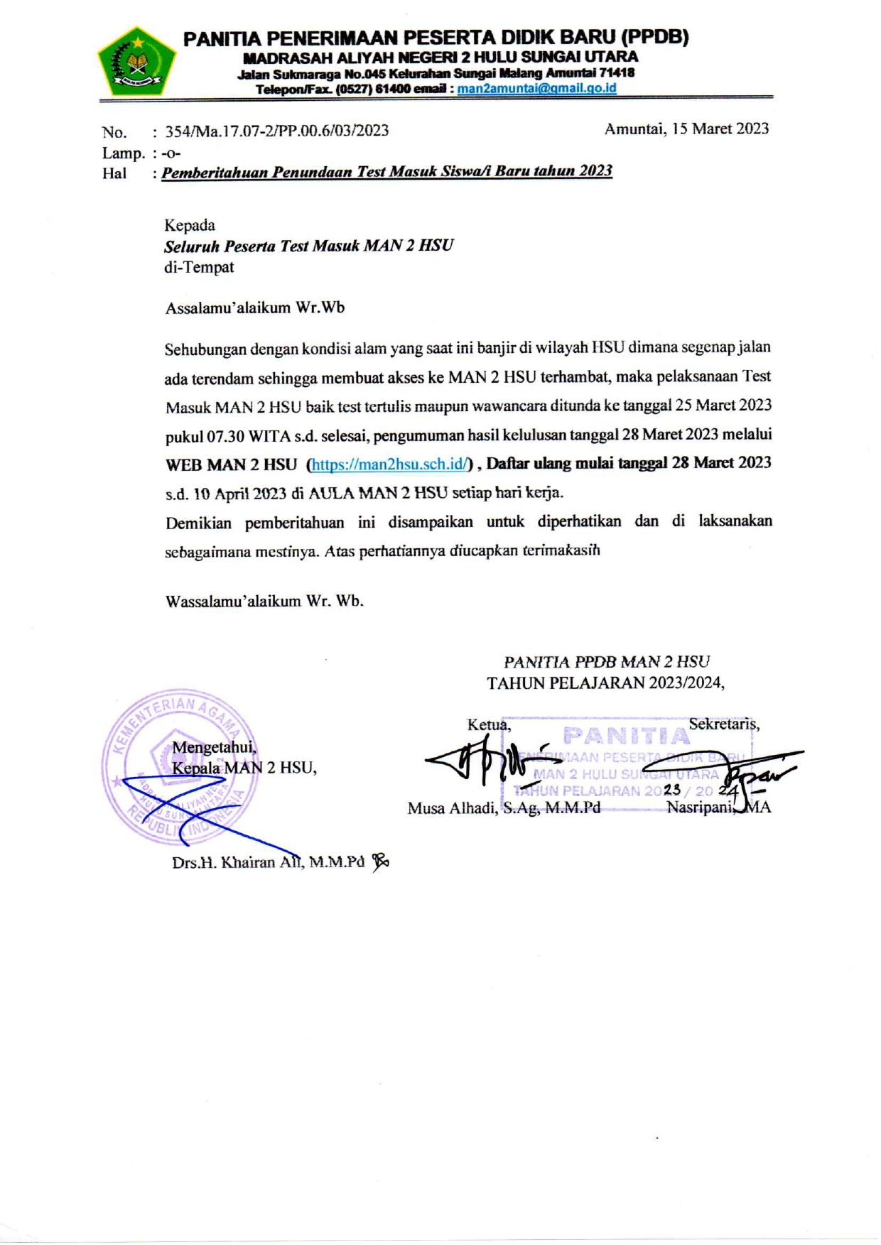 Penundaan tes masuk (PPDB) MAN 2 HSU tahun 2023